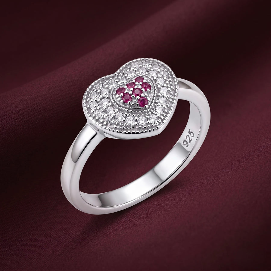 Heart Ruby Halo Silver Ring