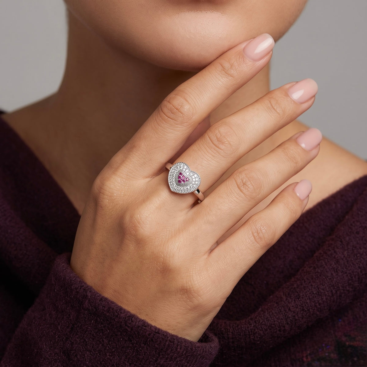 Heart Ruby Halo Silver Ring
