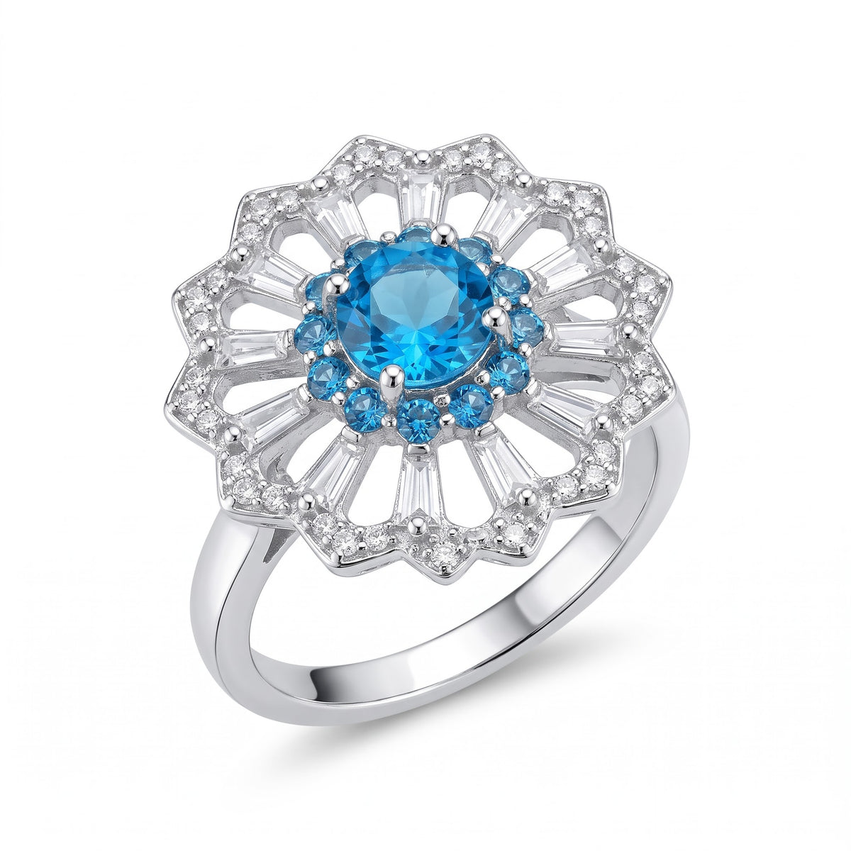 Blue Floral Elegance Silver Ring