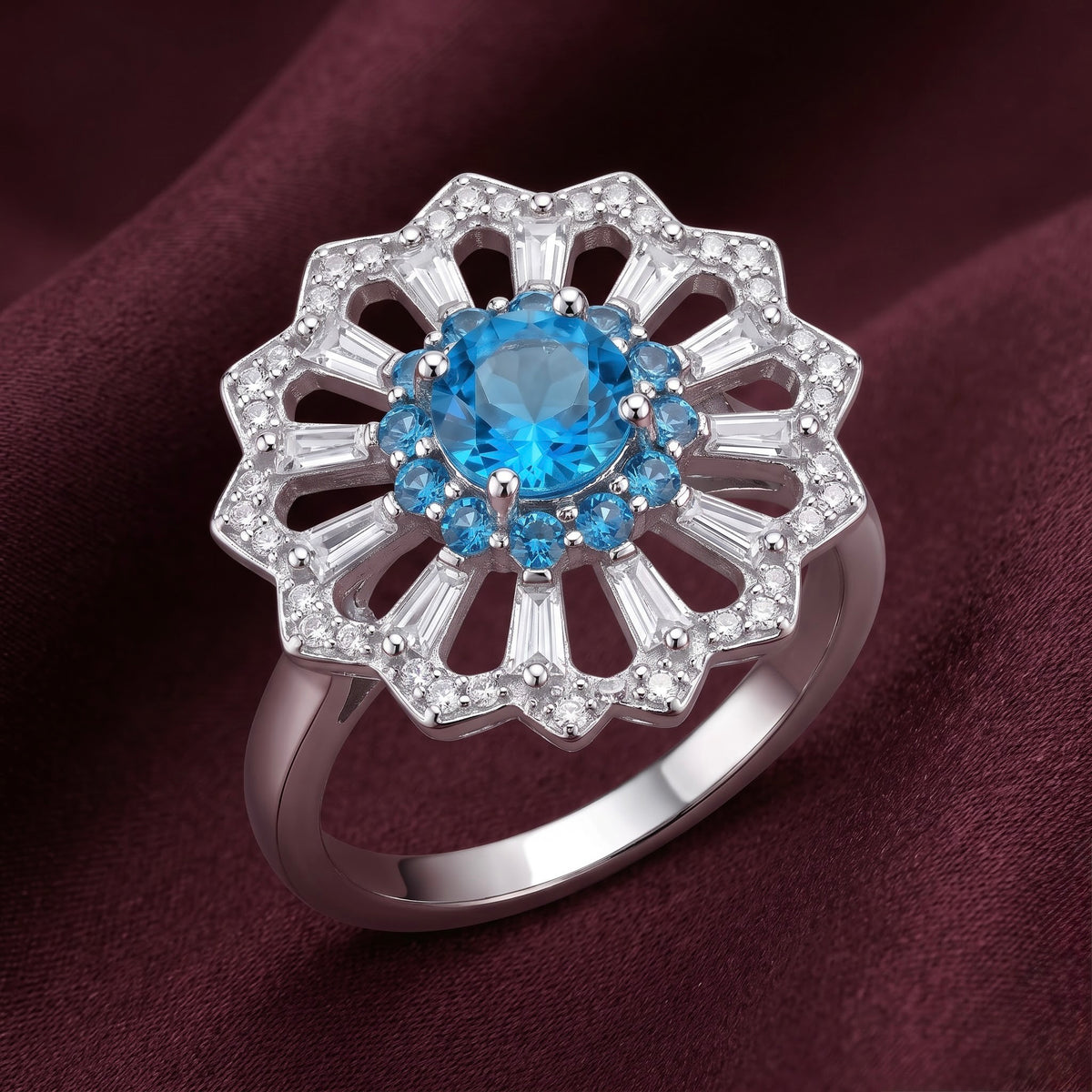 Blue Floral Elegance Silver Ring