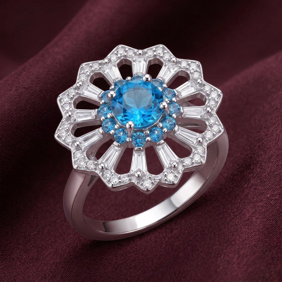 Blue Floral Elegance Silver Ring