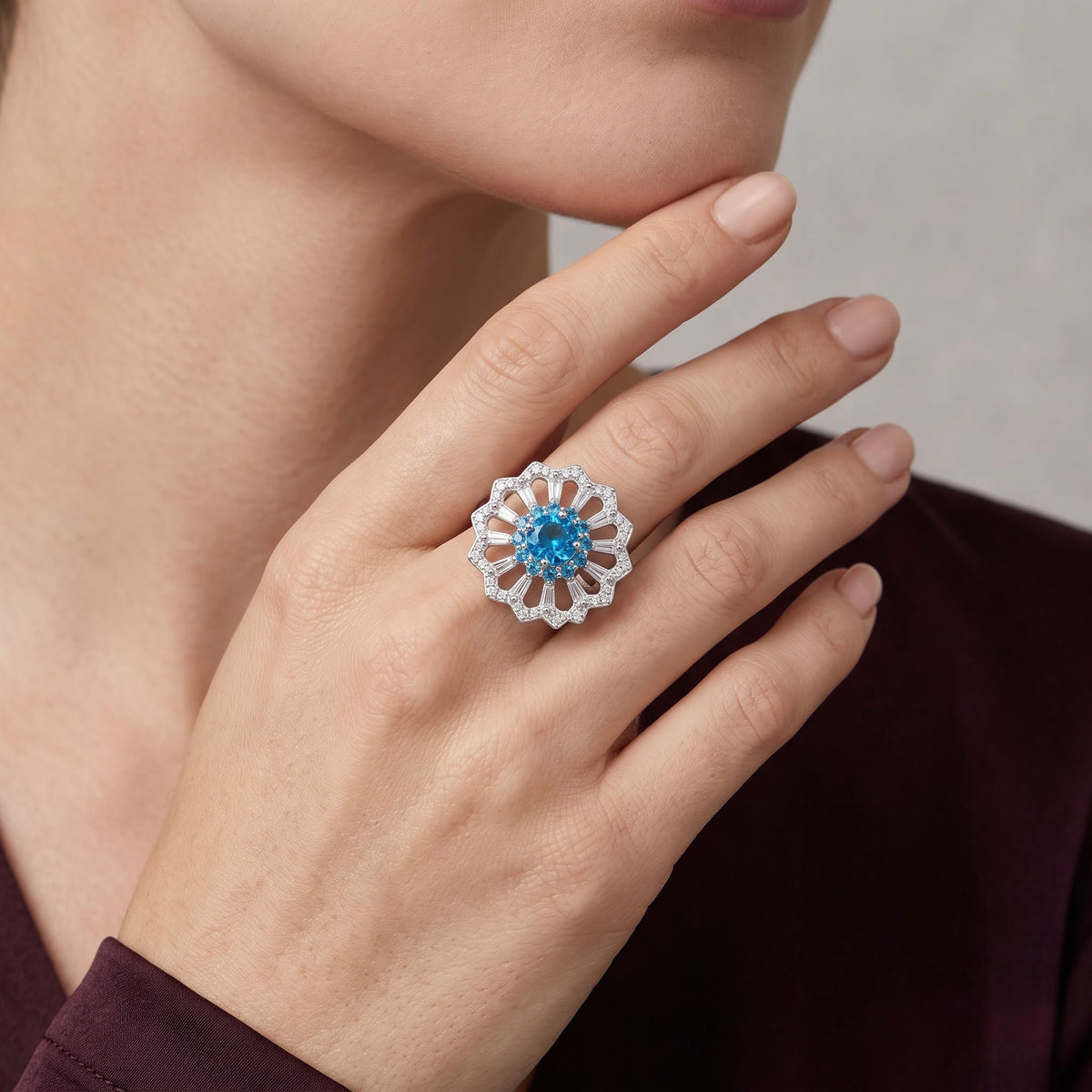 Blue Floral Elegance Silver Ring