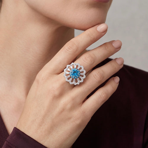 Blue Floral Elegance Silver Ring