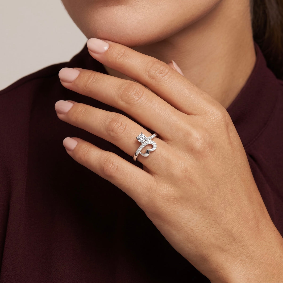 Heart Halo Solitaire Silver Ring