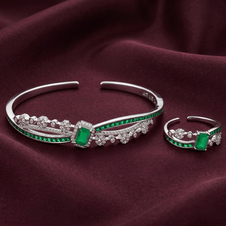 Emerald Green Stone Silver Kada and Ring Set for Women