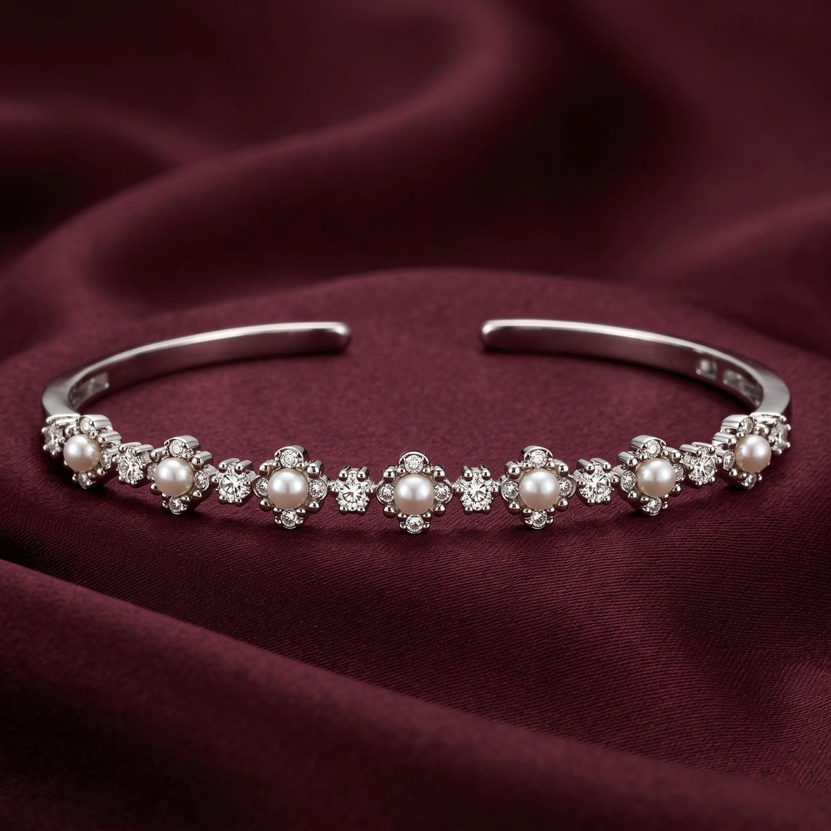 Pearl and CZ Stone Silver Kada for Women