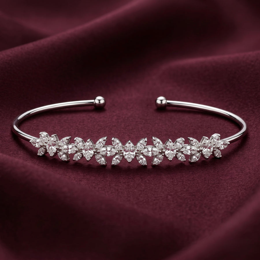 Floral CZ Stone Silver Open Kada for Women