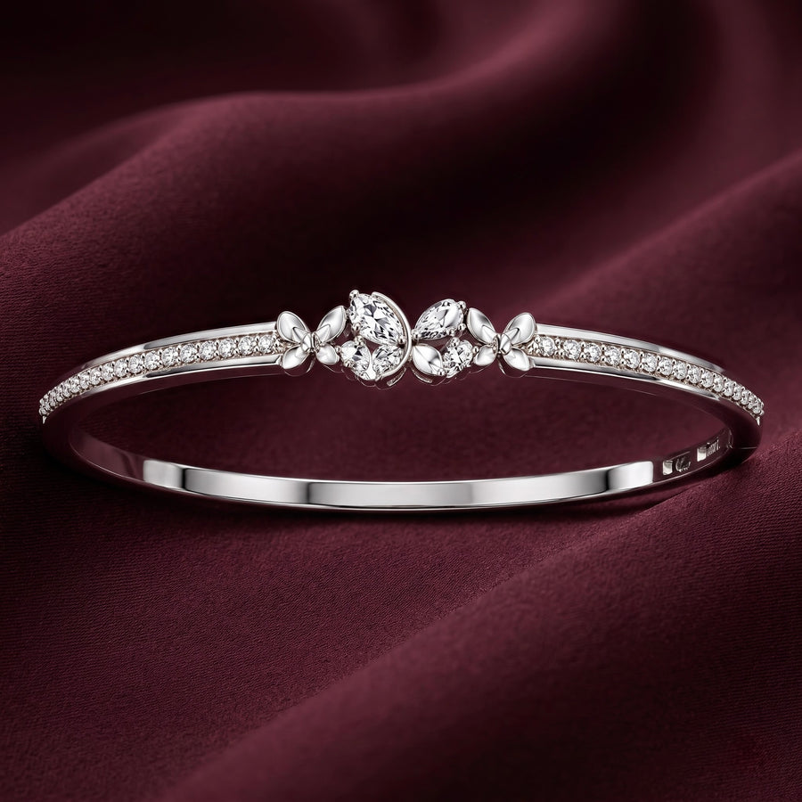 Floral CZ Silver Open Kada for Women