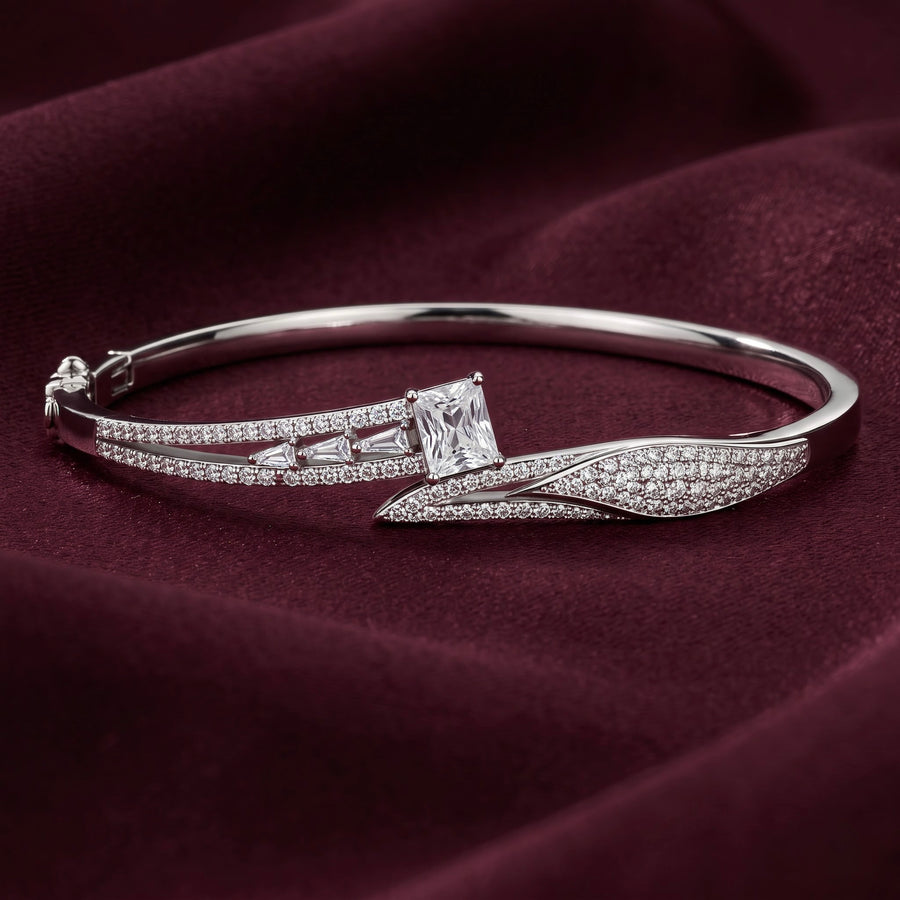 Princess-Cut CZ Silver Open Kada for Women