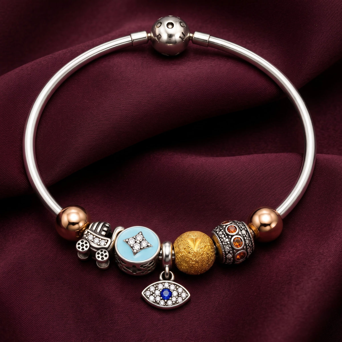 Multicolour Evil Eye Charm Silver Bracelet for Women