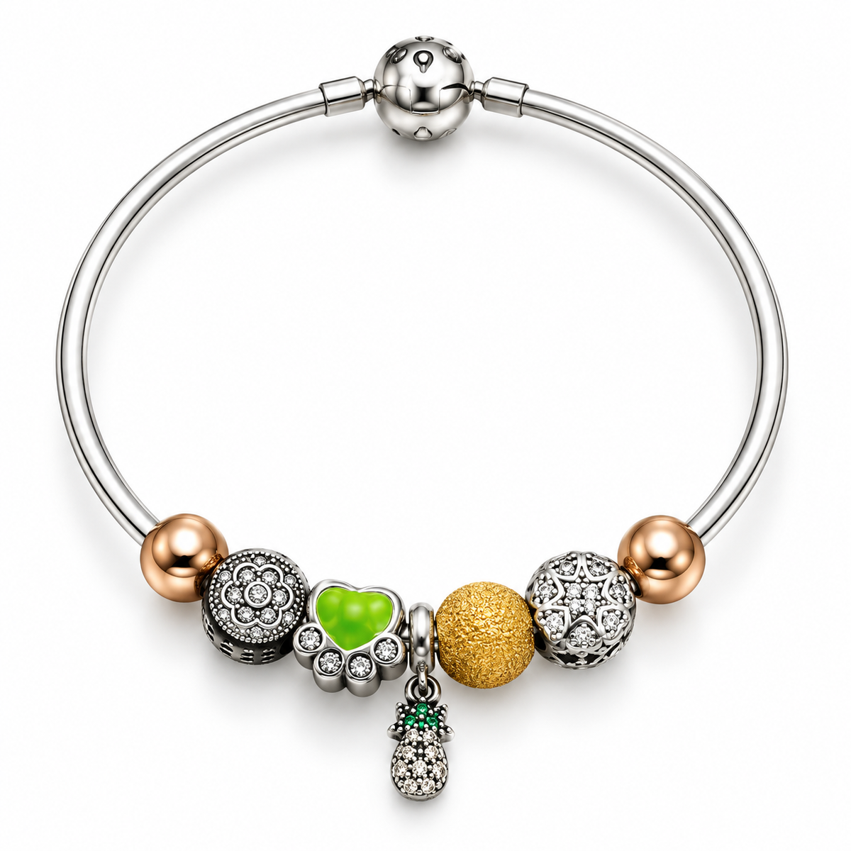 Green Heart & Pineapple Charm Silver Bracelet for Women
