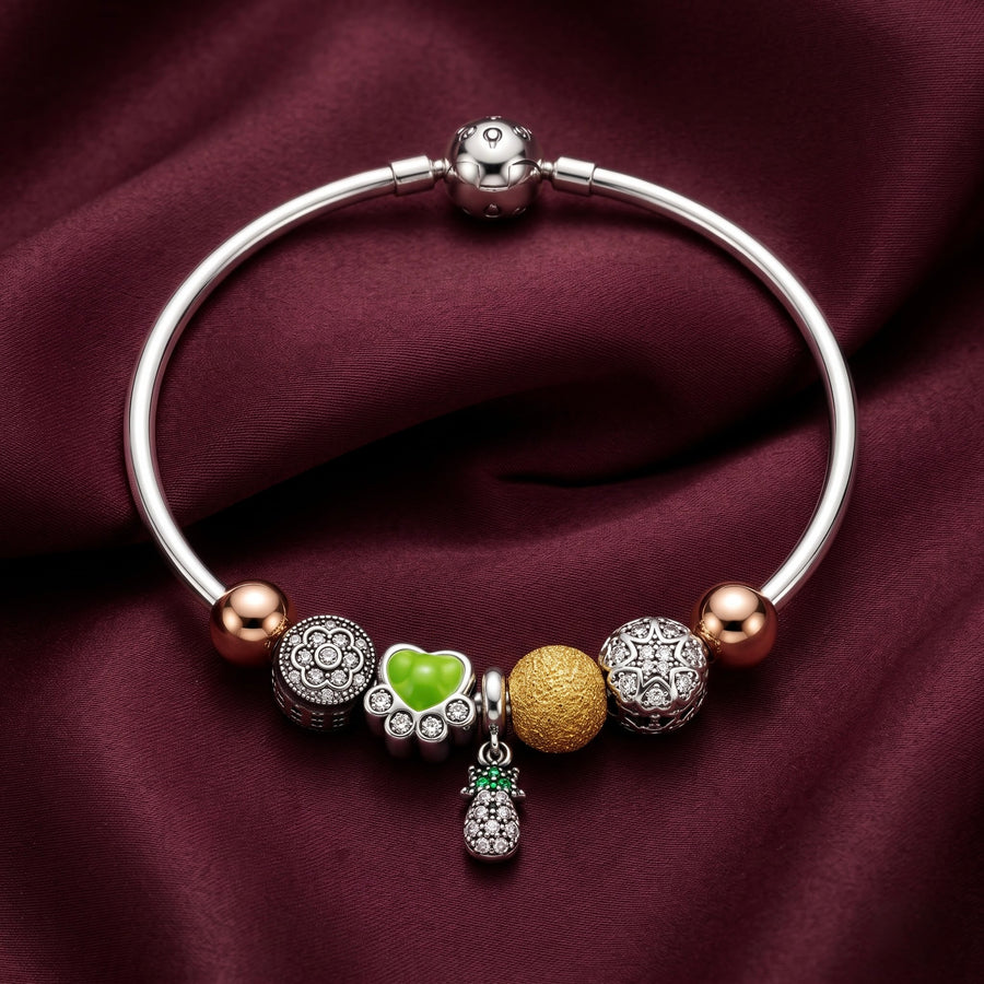 Green Heart & Pineapple Charm Silver Bracelet for Women