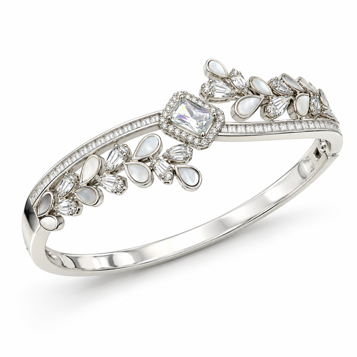 Pearl & CZ Floral Silver Kada for Women