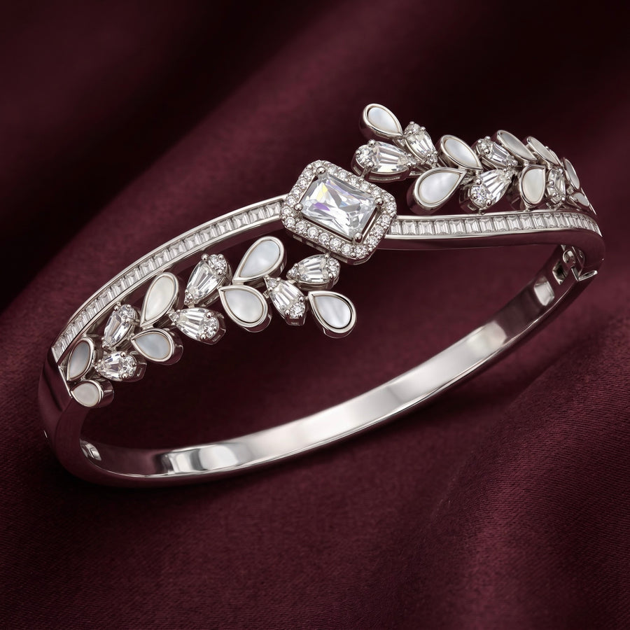 Pearl & CZ Floral Silver Kada for Women