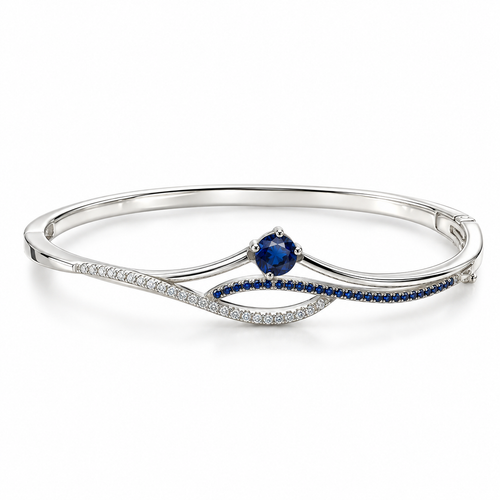 Blue Sapphire & CZ Silver Kada for Women