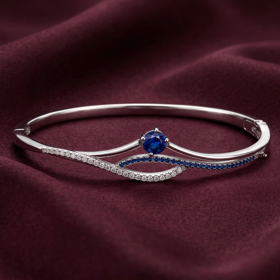 Blue Sapphire & CZ Silver Kada for Women