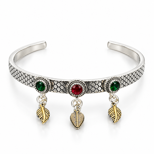 Antique Silver Leaf Charm Kada with Green & Red Stones ( Non 92.5 Silver )