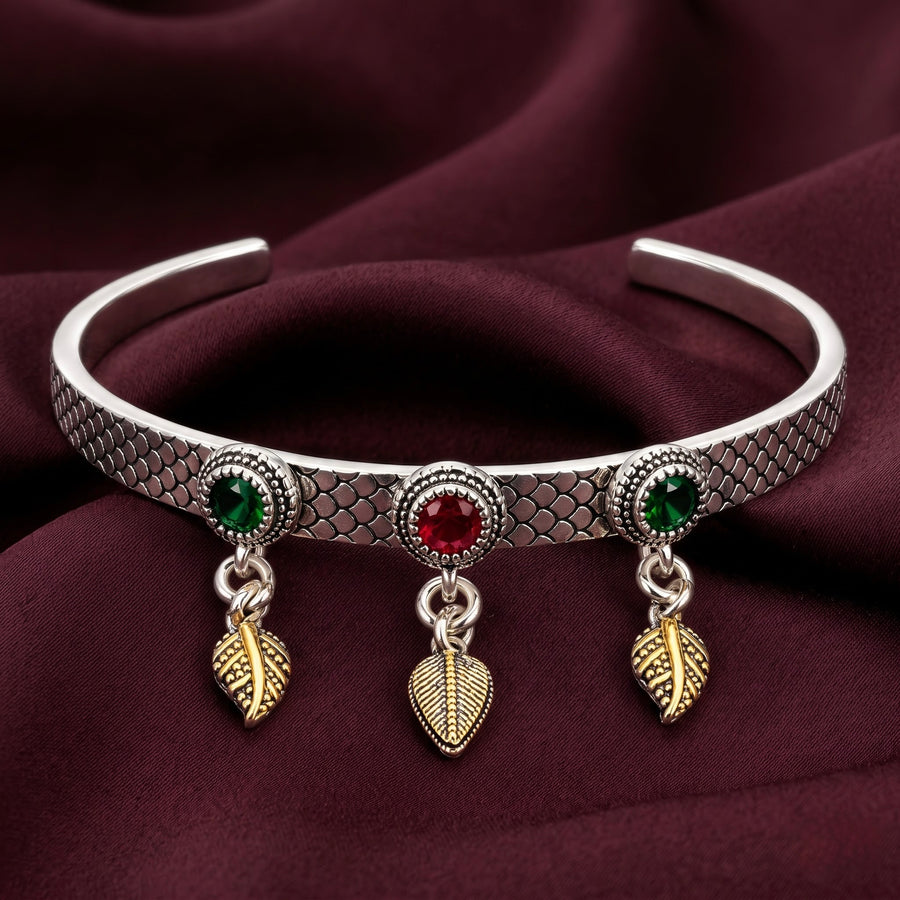 Antique Silver Leaf Charm Kada with Green & Red Stones ( Non 92.5 Silver )