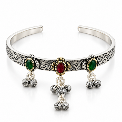 Antique Silver Green & Red Stone Charm Kada ( Non 92.5 Silver )