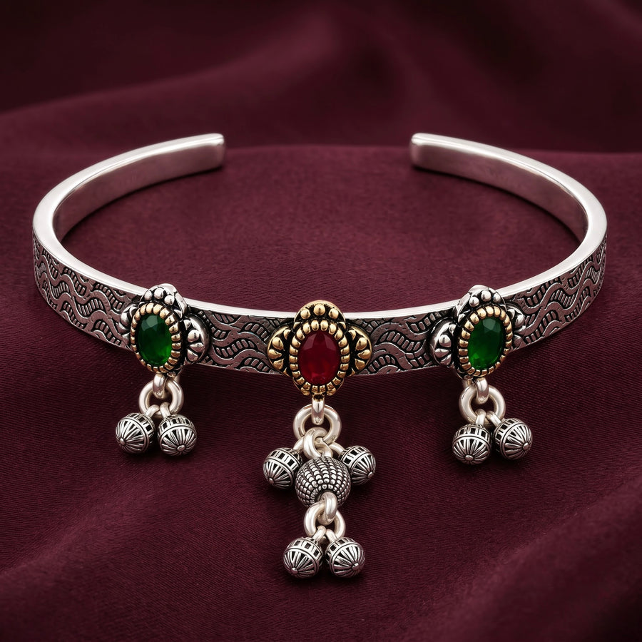 Antique Silver Green & Red Stone Charm Kada ( Non 92.5 Silver )