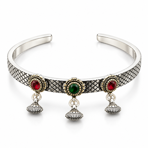 Antique Silver Red & Green Stone Jhumka Charm Kada (Non 92.5 Silver)