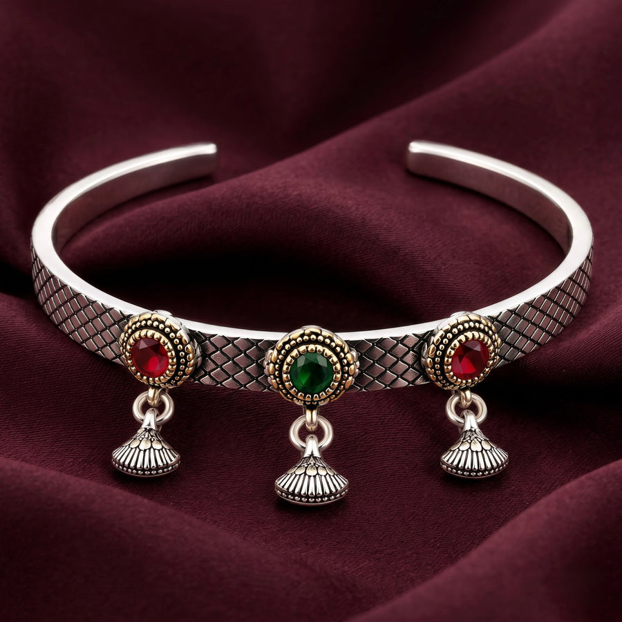 Antique Silver Red & Green Stone Jhumka Charm Kada (Non 92.5 Silver)