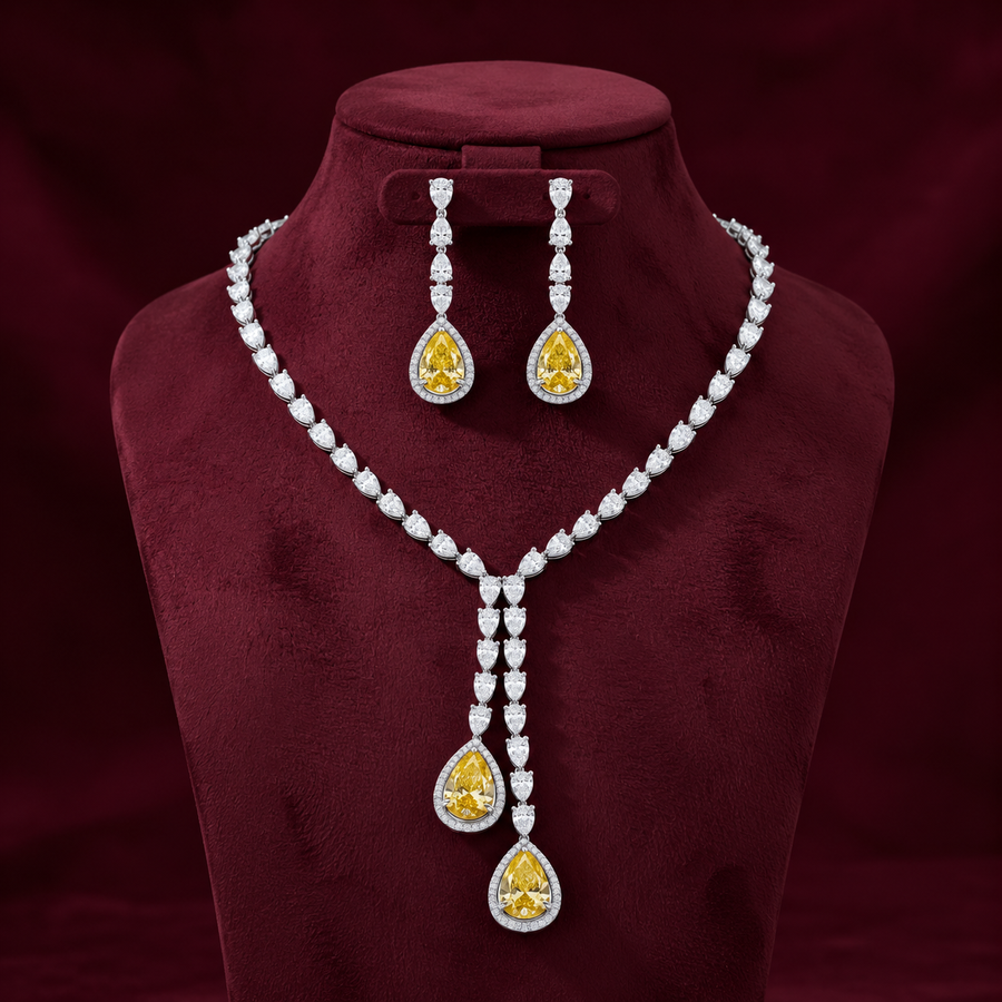 Yellow Stone Silver Necklace & Earrings Set