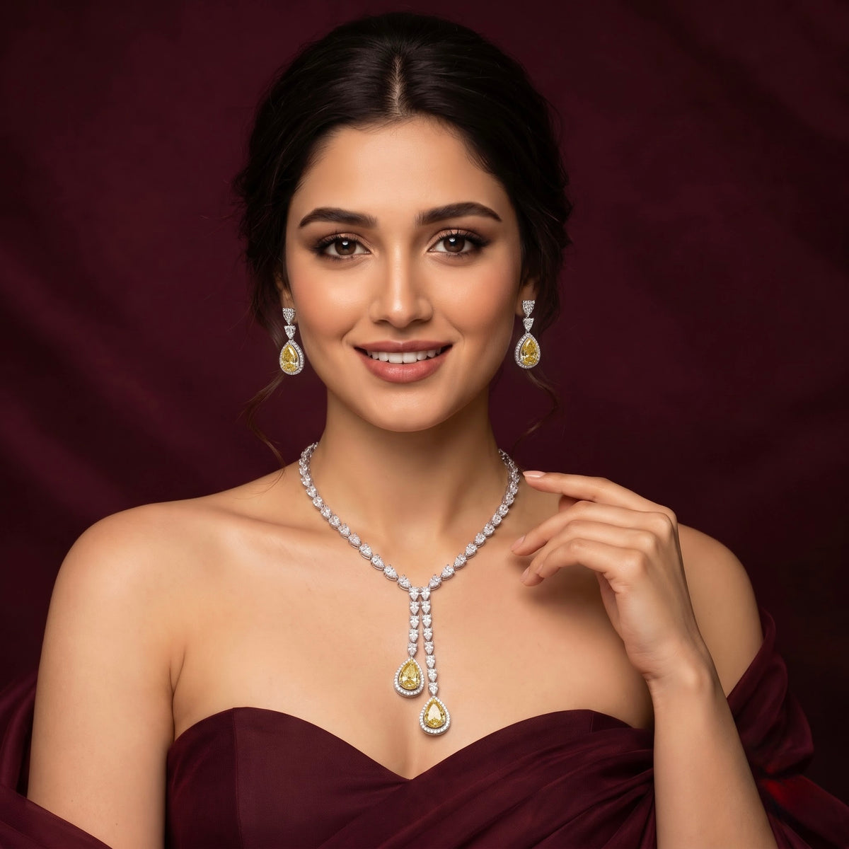 Yellow Stone Silver Necklace & Earrings Set