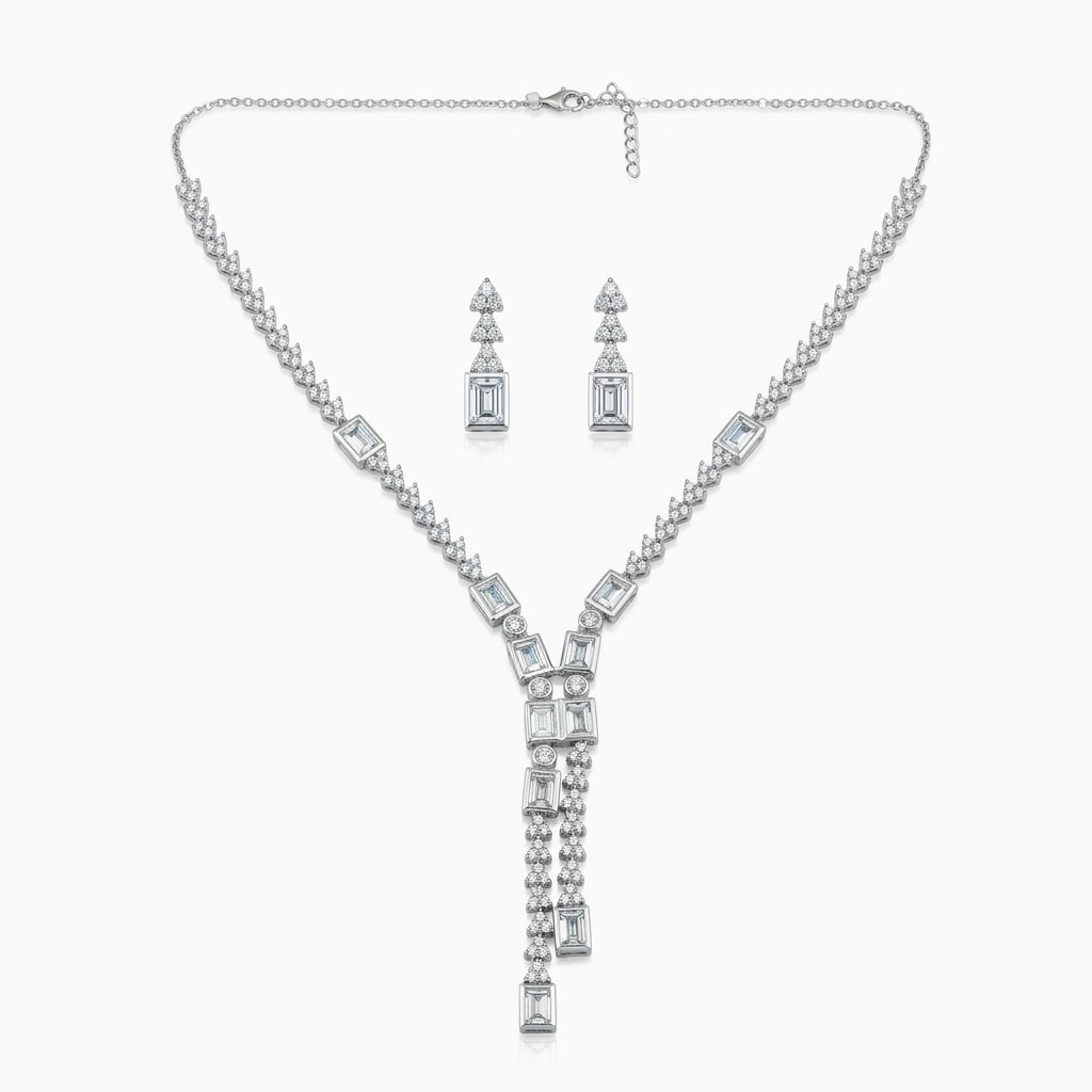 Elegant Geometric Silver Necklace & Earrings Set