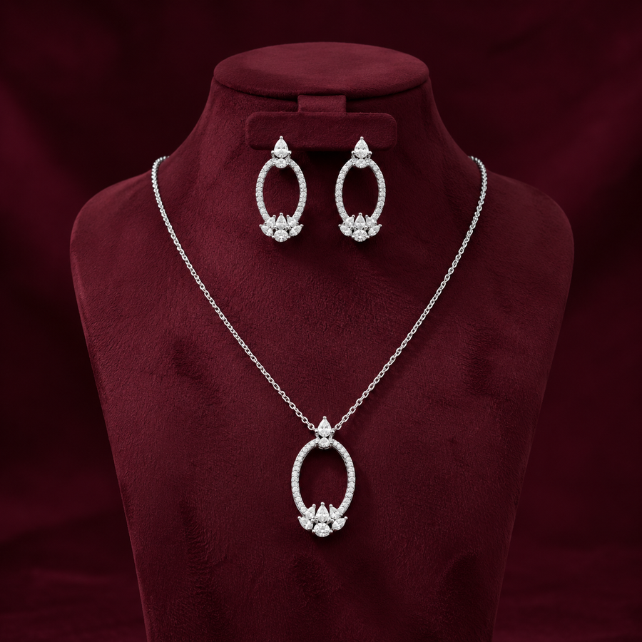 Elegant Oval Silver Necklace & Earrings Set