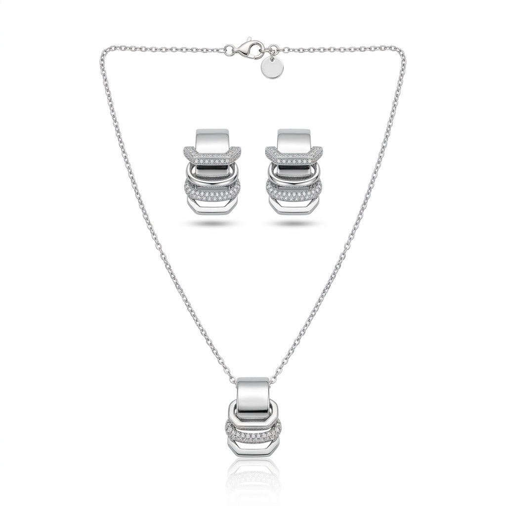 Geometric Silver Necklace & Earrings Set