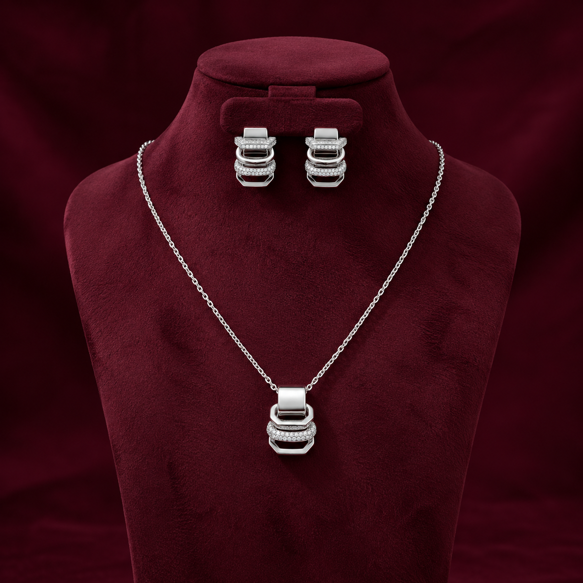 Geometric Silver Necklace & Earrings Set