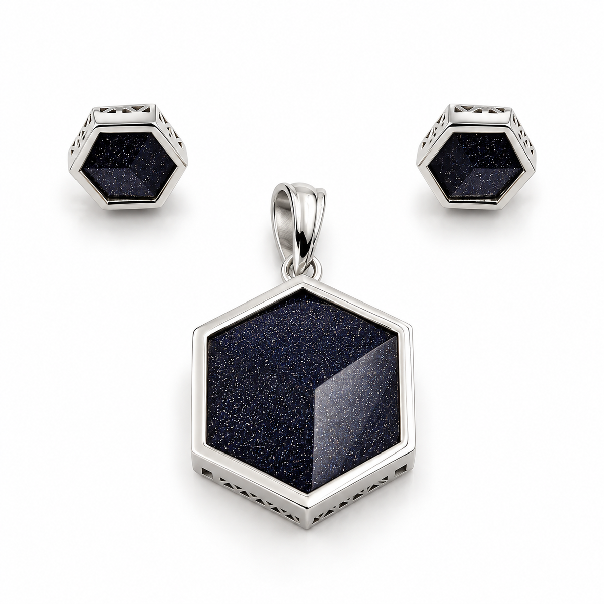 Hexagon Blue Stone Pendant Set