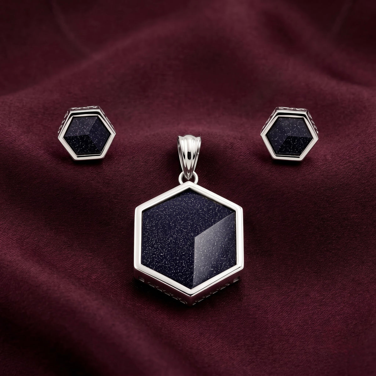 Hexagon Blue Stone Pendant Set