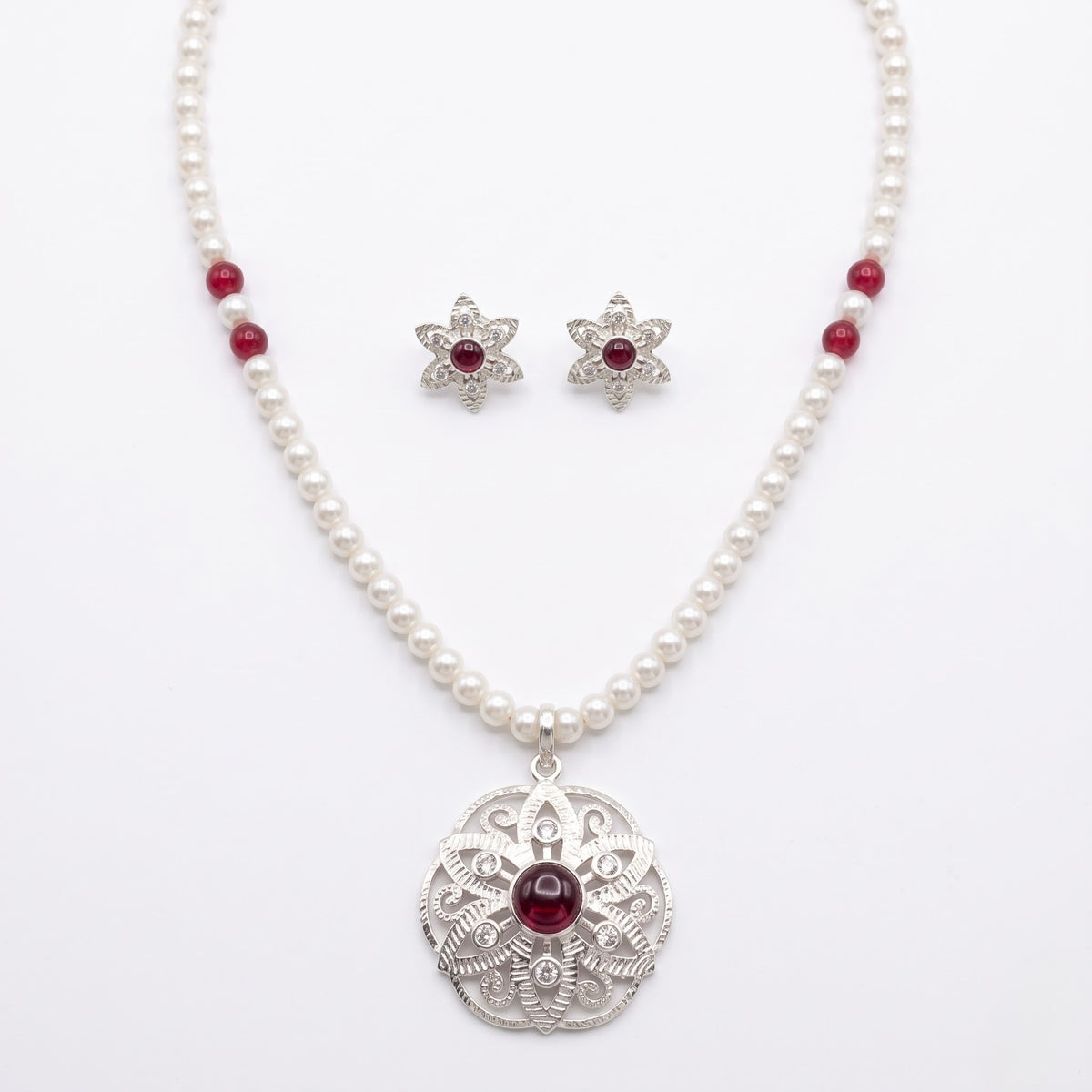 Pearl & Ruby Floral Pendant Set