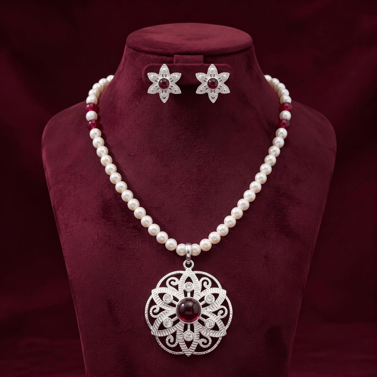 Pearl & Ruby Floral Pendant Set