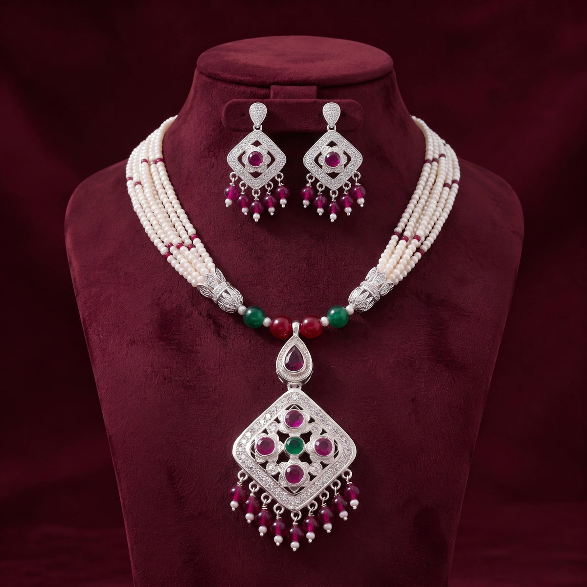 Pearl Ruby & Emerald Heritage Necklace Set