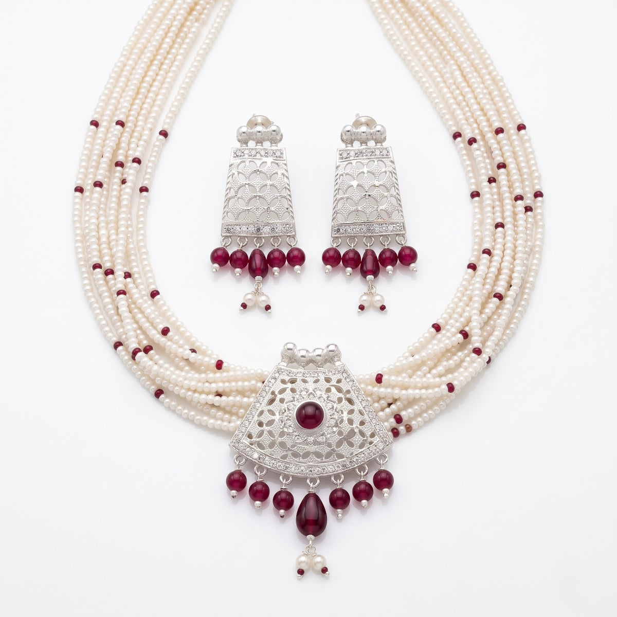 Pearl & Ruby Chandelier Necklace Set