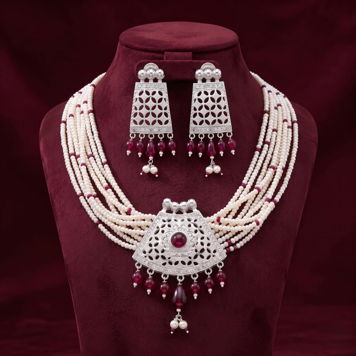 Pearl & Ruby Chandelier Necklace Set