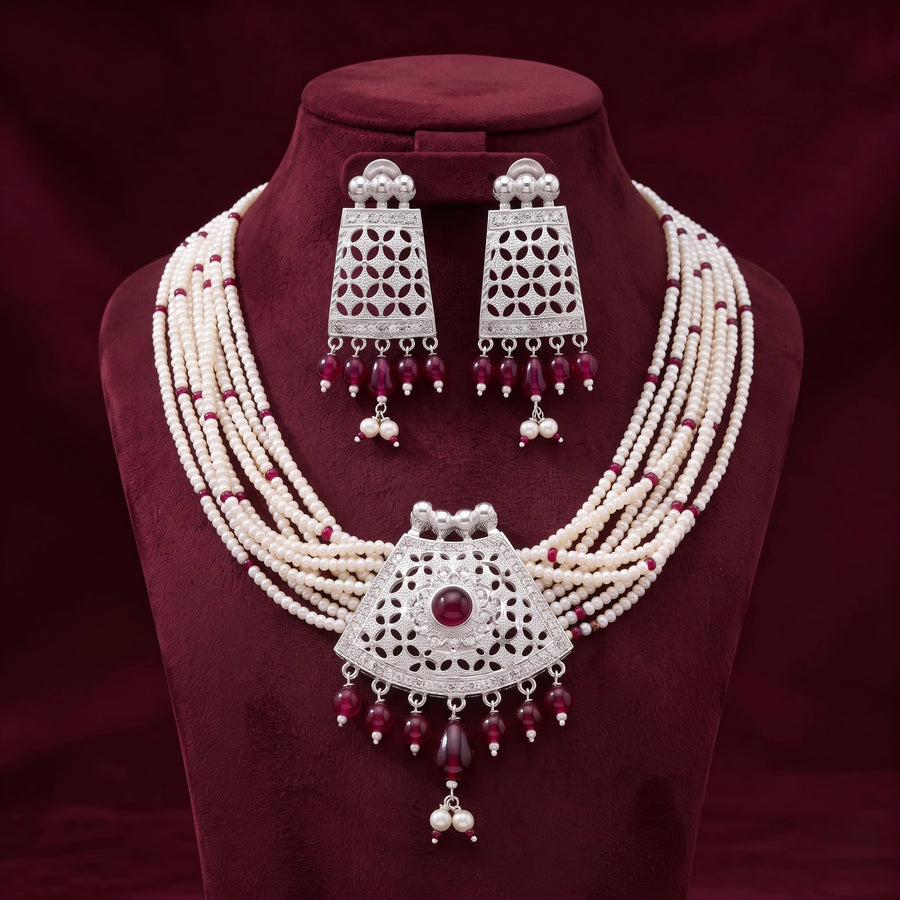 Pearl & Ruby Chandelier Necklace Set