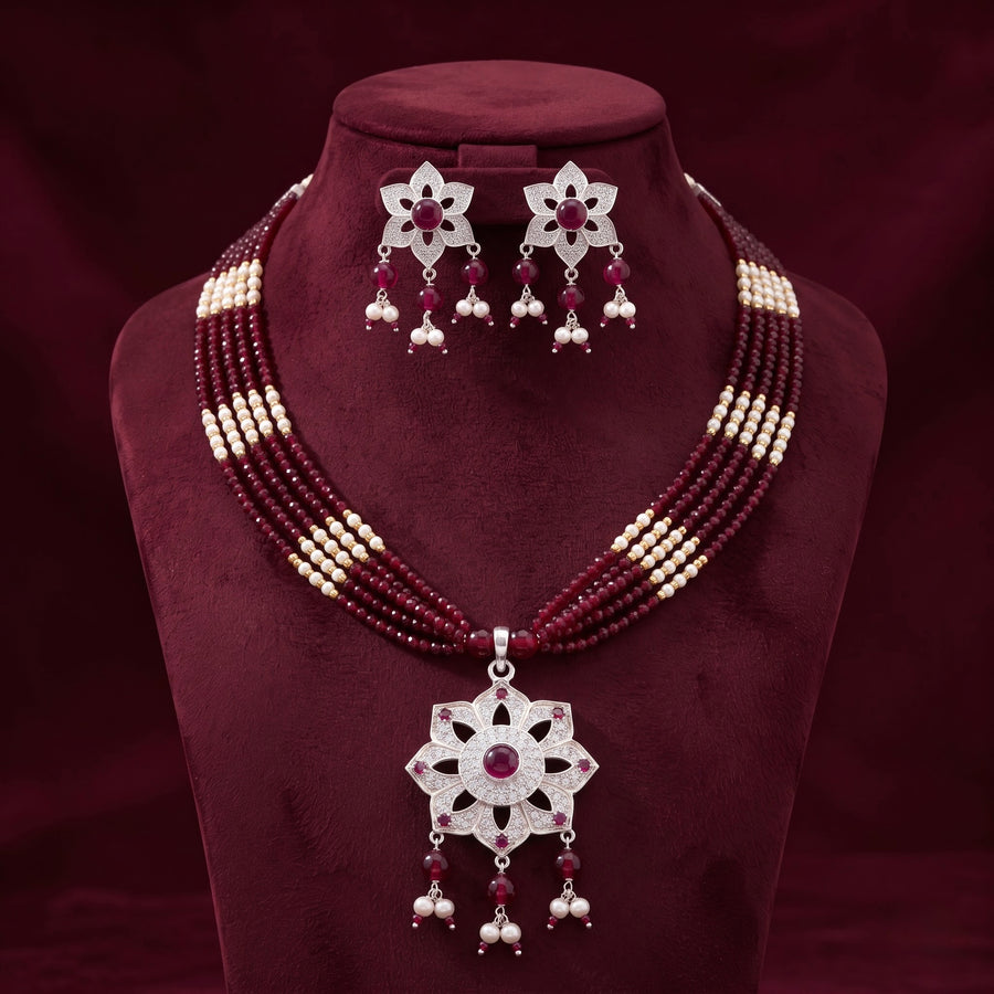 Ruby & Pearl Floral Heritage Necklace Set
