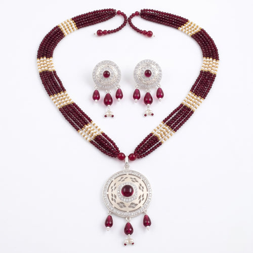 Burgundy Pearl Silver Necklace Set