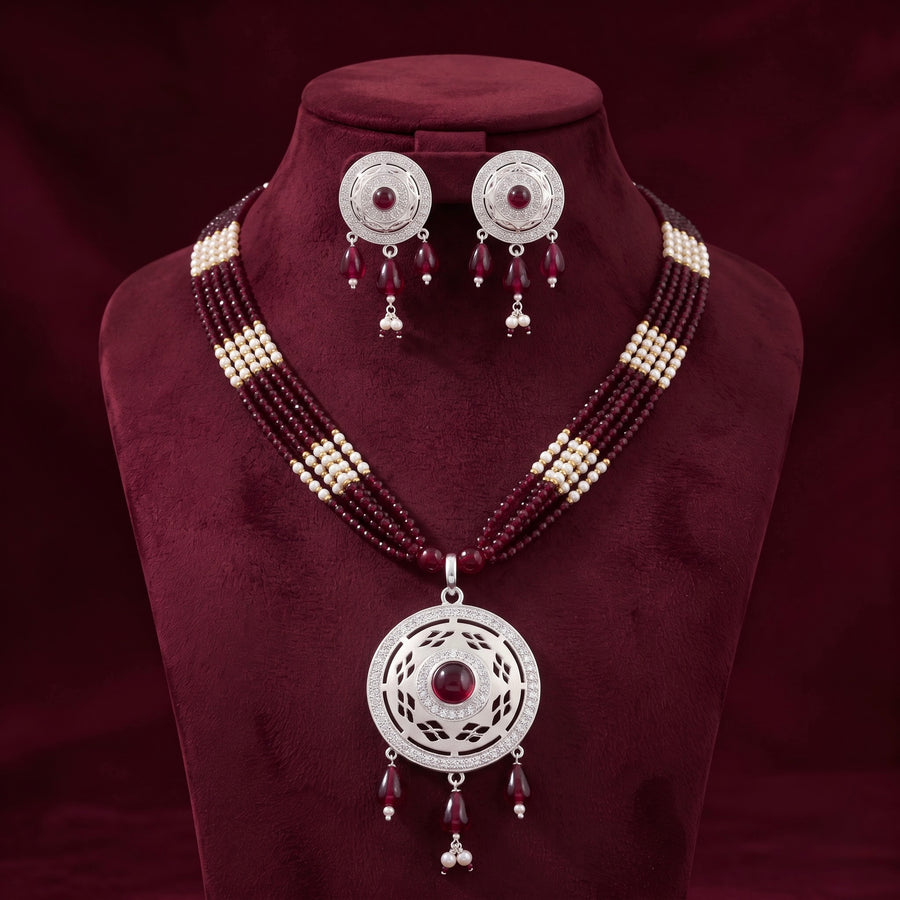 Burgundy Pearl Silver Necklace Set