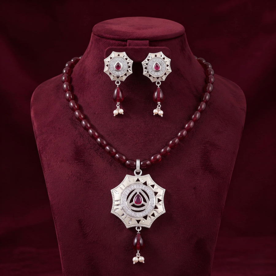 Burgundy Gemstone Silver Necklace Set