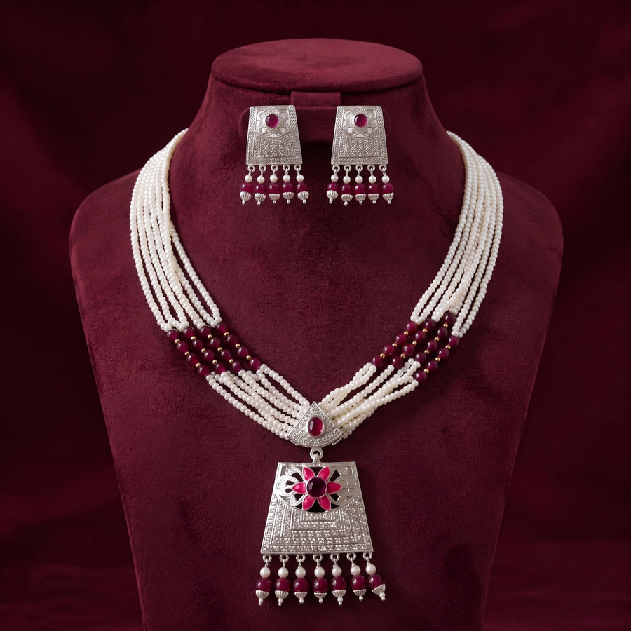 Ruby Pearl Silver Heritage Necklace Set