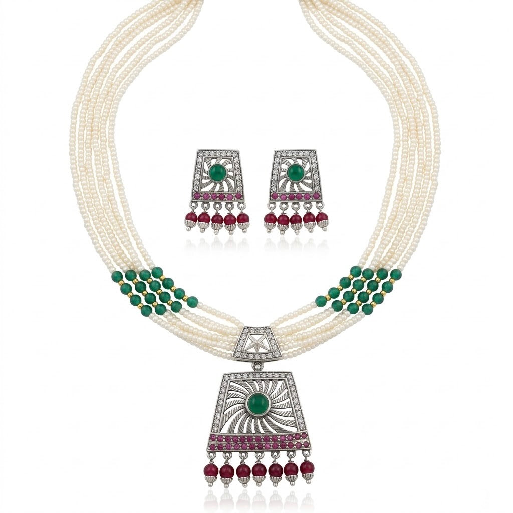 Emerald Pearl Silver Necklace Set