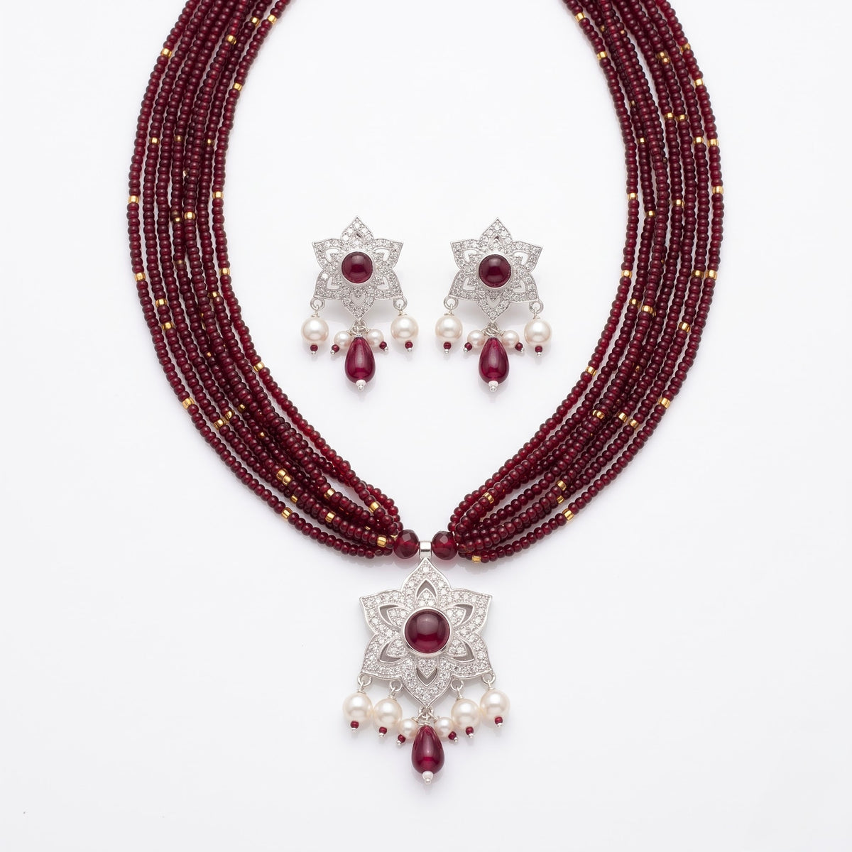 Ruby Pearl Floral Silver Necklace Set