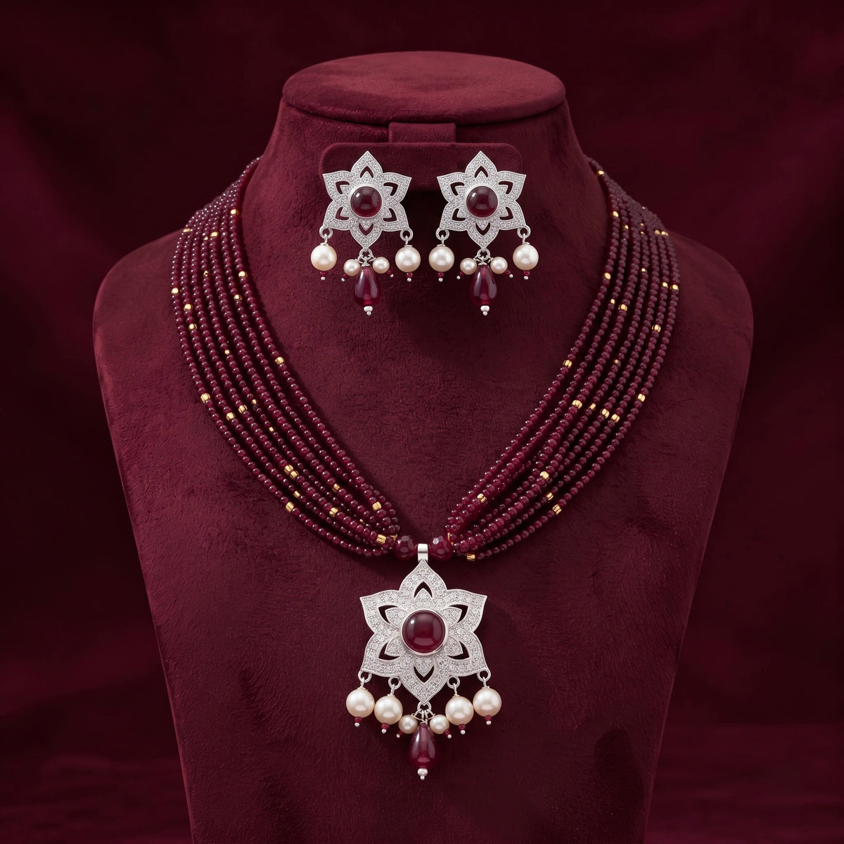 Ruby Pearl Floral Silver Necklace Set