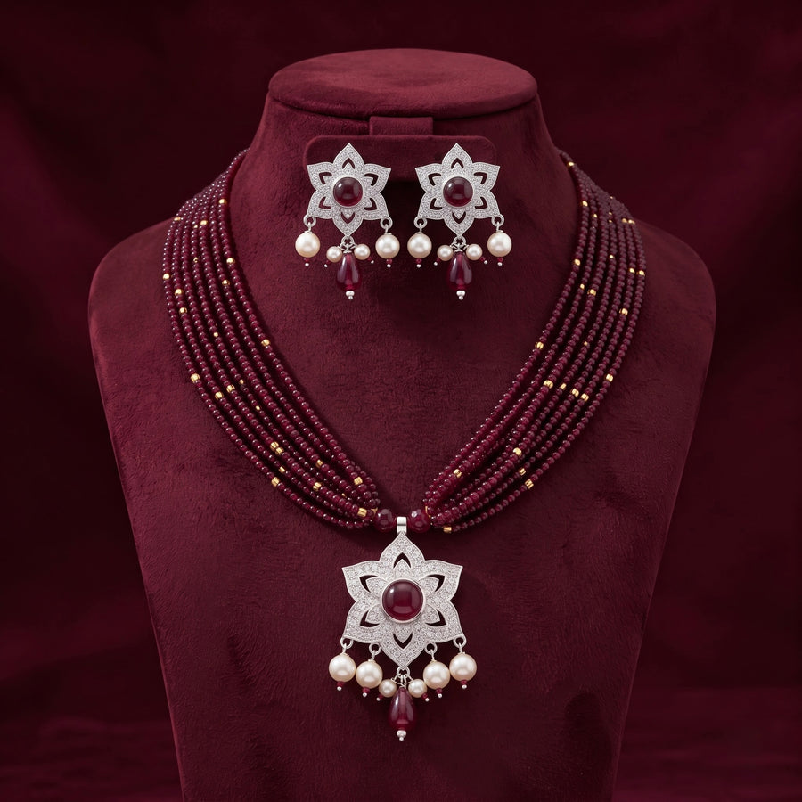 Ruby Pearl Floral Silver Necklace Set
