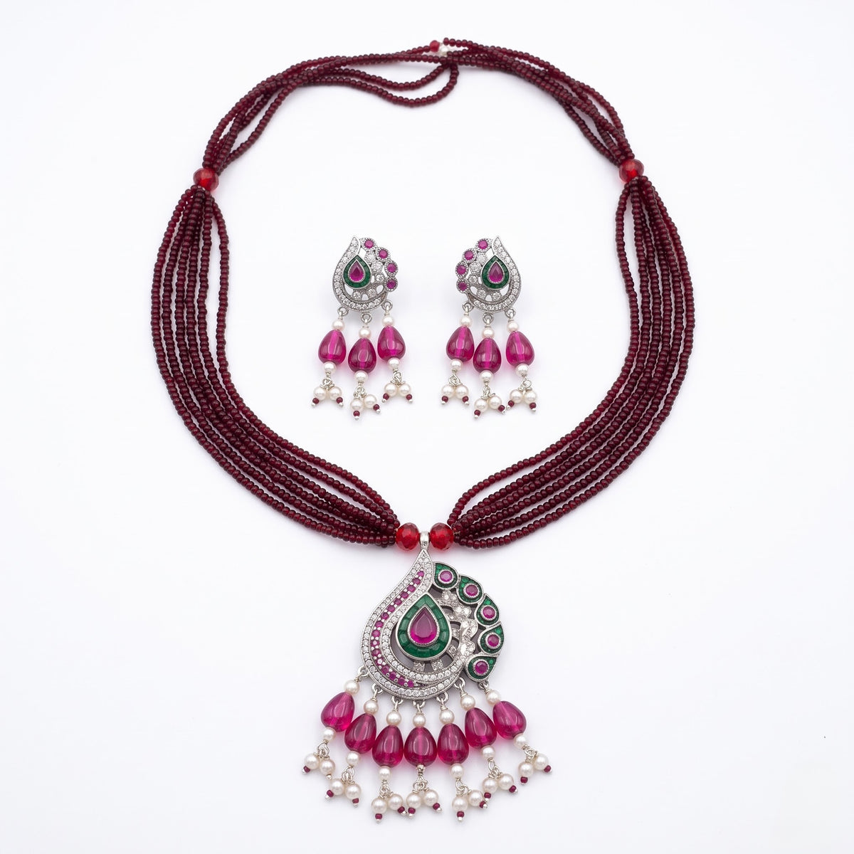 Emerald Ruby Peacock Silver Necklace Set